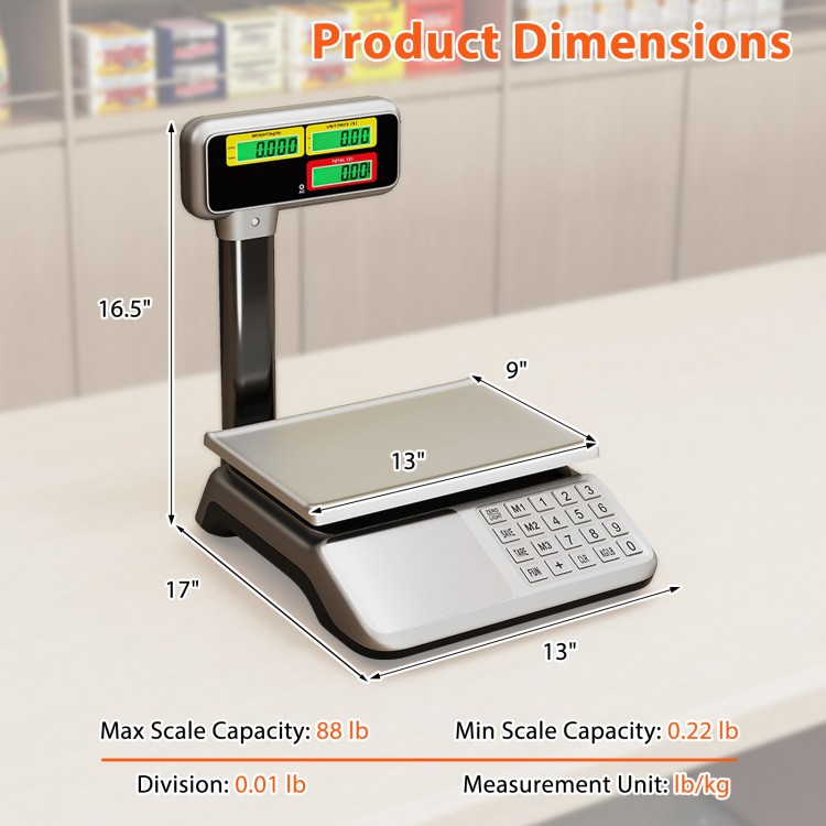 Digital price computing scale with dual LCD display, 88 lb capacity, stainless steel platform for commercial use.