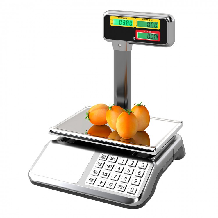 Digital commercial food scale with pole display, 88 lb capacity, stainless steel platform, ideal for markets and delis.