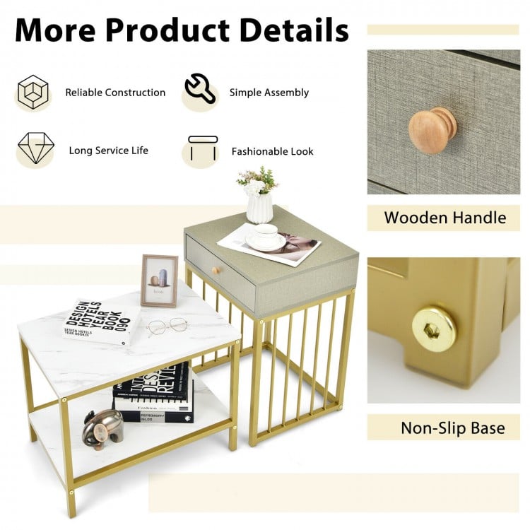 Nesting coffee table set featuring a faux marble top, gold sprayed steel frame, and a side table with a drawer for.