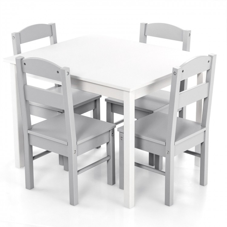 Kids 5-piece table and chair set showcasing a sturdy white table with four gray chairs, ideal for children's playrooms.