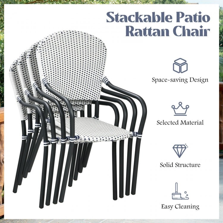 Set of 4 stackable patio rattan dining chairs with armrests, made of weather-resistant PE rattan for outdoor use.