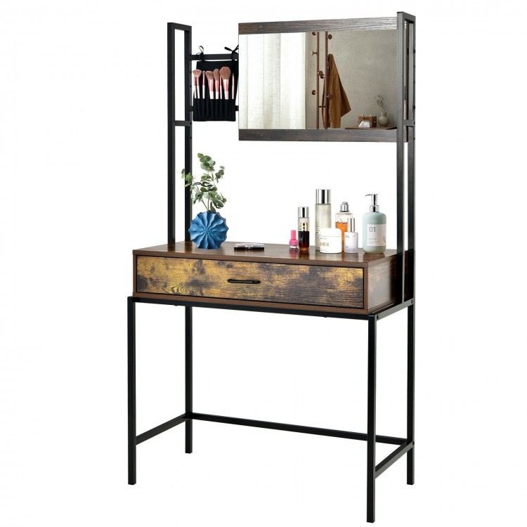 Industrial vanity table with adjustable mirror, spacious drawer, and brush storage, perfect for bedroom or dressing.