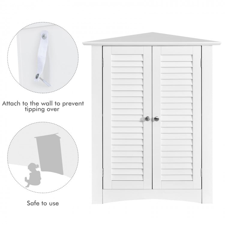 White bathroom corner storage cabinet with shutter doors, adjustable shelves, and anti-tipping design for secure.