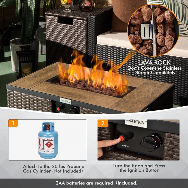 32-inch propane fire pit table set with brown PE rattan, 40000 BTU heat, and side table tank holder for outdoor use.