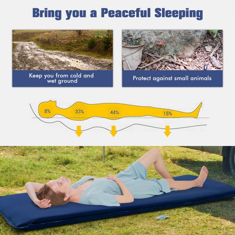Self-inflating blue foam sleeping cot with moisture-resistant fabric, providing comfort and warmth for outdoor use.