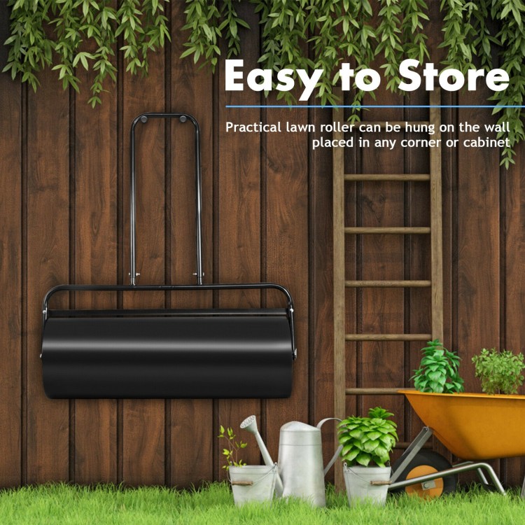 Black 36 x 12 inch tow lawn roller with U-shaped handle, ideal for leveling gardens and easy to store.