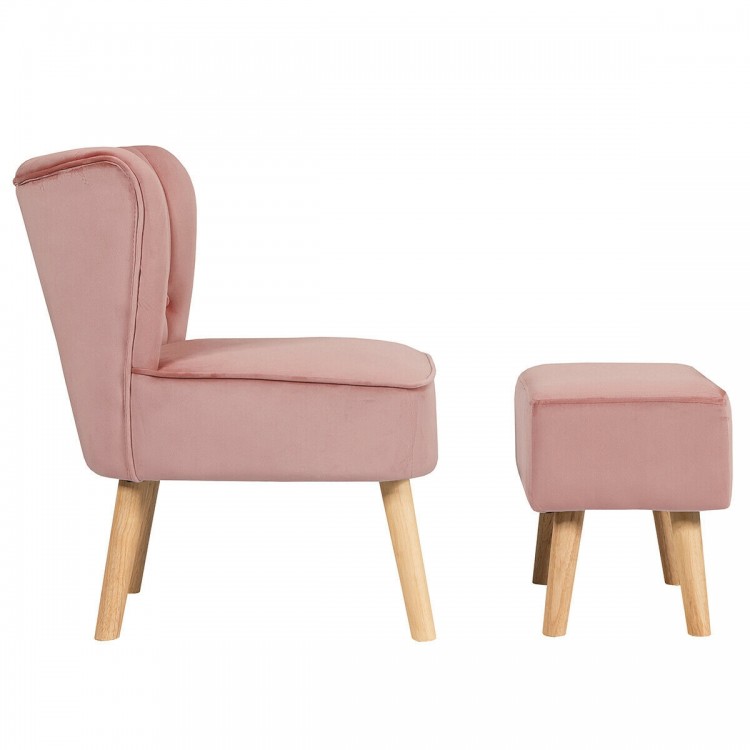Pink leisure chair with ottoman featuring velvet upholstery and rubber wood legs, perfect for living room relaxation.