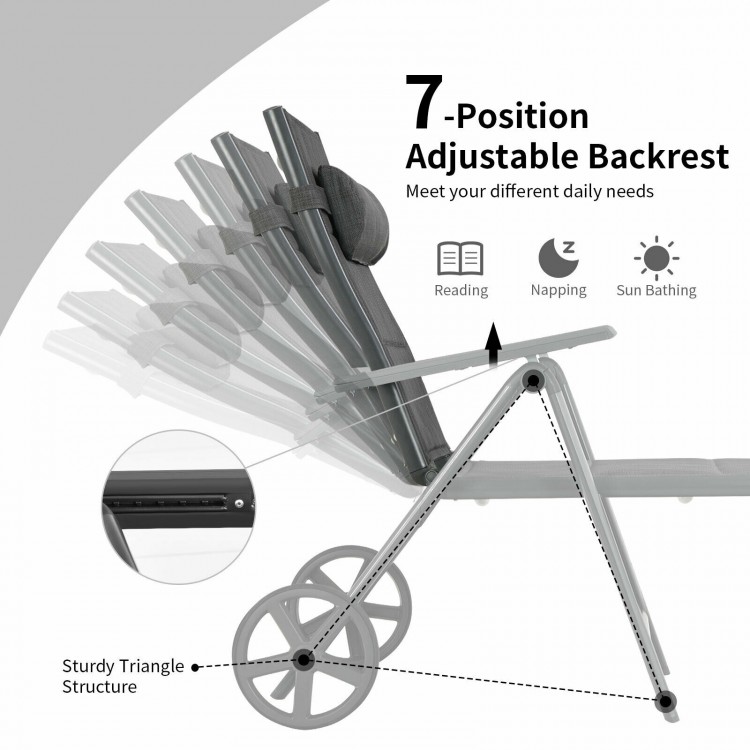 Adjustable backrest of gray patio reclining chaise lounge with neck pillow, perfect for sunbathing or napping outdoors.
