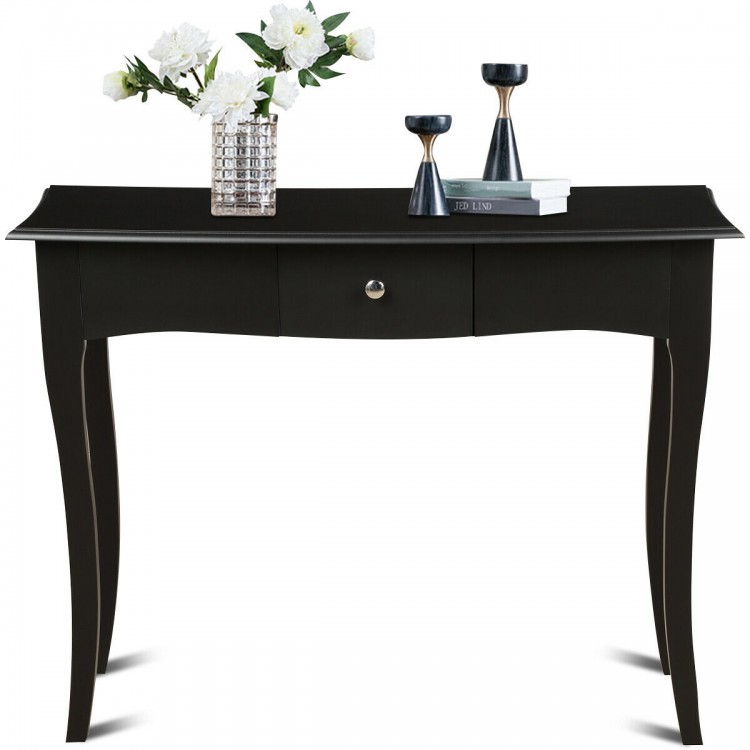 Front view of a modern console table in black with a spacious top and a storage drawer, ideal for living room decor.