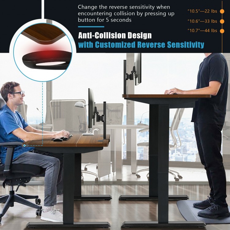 Electric height adjustable standing desk in walnut finish, featuring ergonomic design and digital controller for.