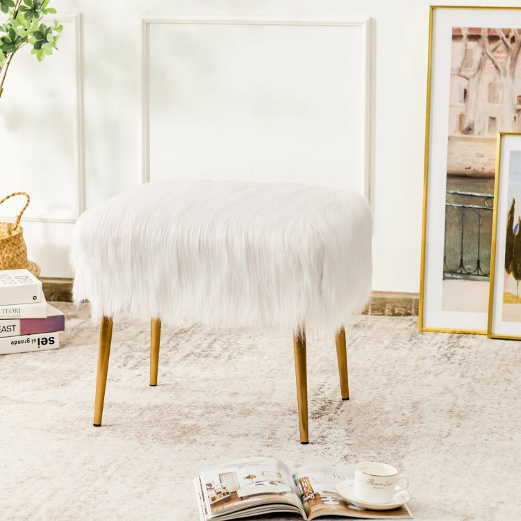 Faux fur vanity stool with golden metal legs, showcasing plush texture and stylish design for versatile home use.