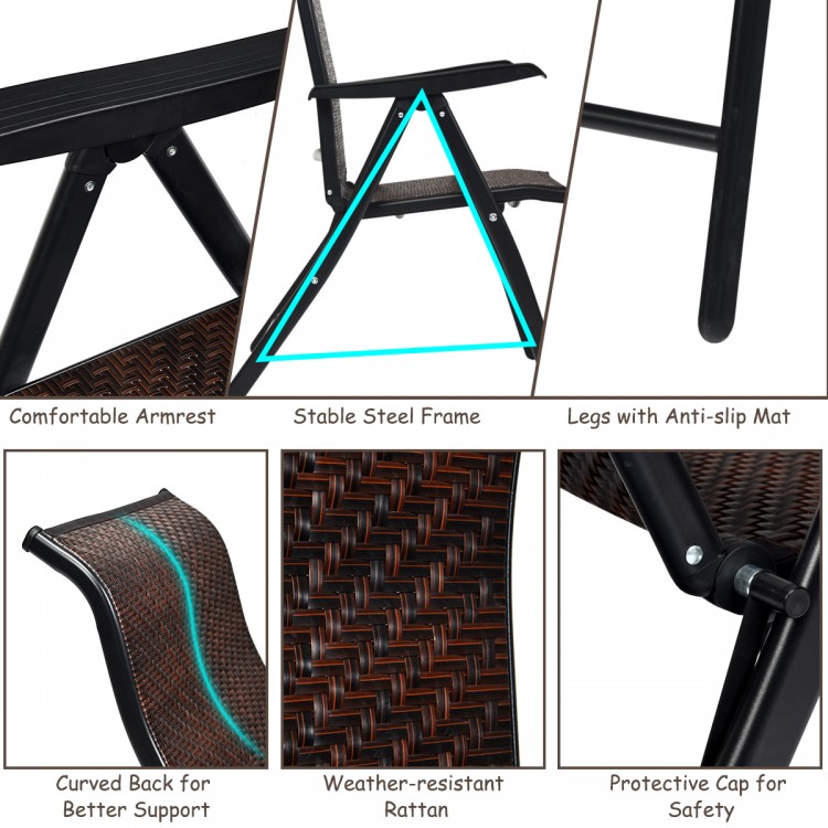 Folding rattan reclining chair with adjustable backrest, durable PE rattan, and stable steel frame for outdoor.