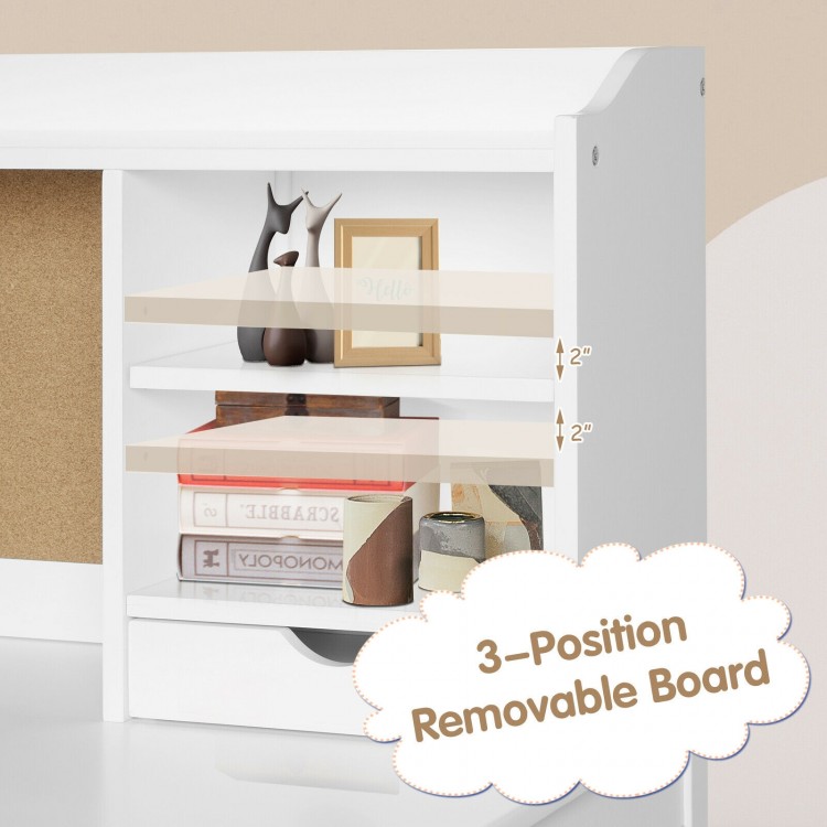 Kids desk and chair set with hutch, featuring a 3-position removable board and spacious storage for study supplies.
