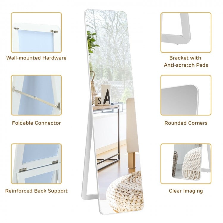 Full-length frameless floor mirror with solid wood frame, U-shaped bracket, and explosion-proof glass for safe use.