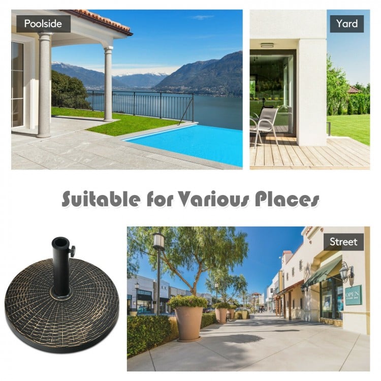 Patio market umbrella base stand with rattan design, 27 lbs, suitable for poolside, yard, and street use.