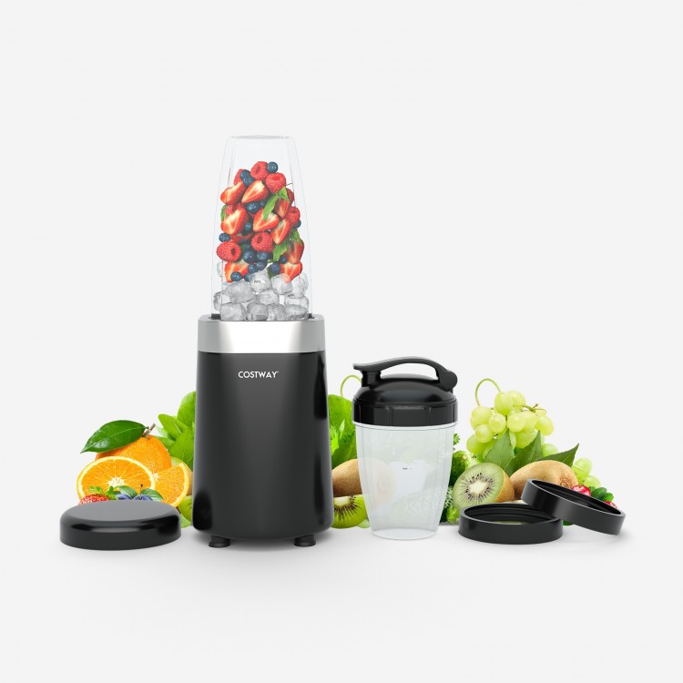 Portable black blender with 1000W motor, 6 blades, and BPA-free Tritan cups for smoothies and juices.