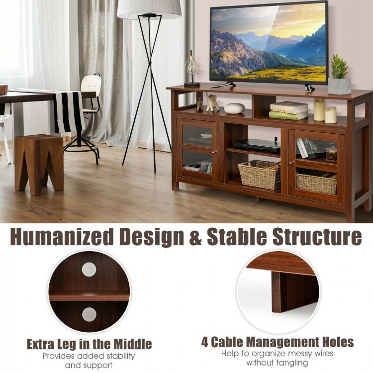 58" brown TV stand with 2 cabinets, open shelves, and cable management holes, perfect for living room organization.