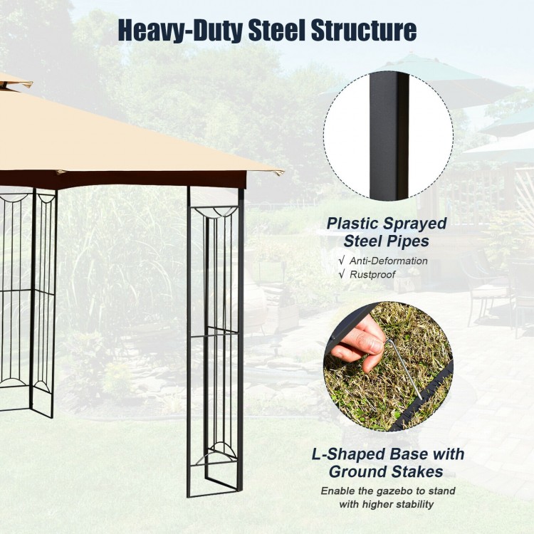 L-shaped base of the 10 x 10 feet patio gazebo with ground stakes, featuring a durable steel structure for stability.