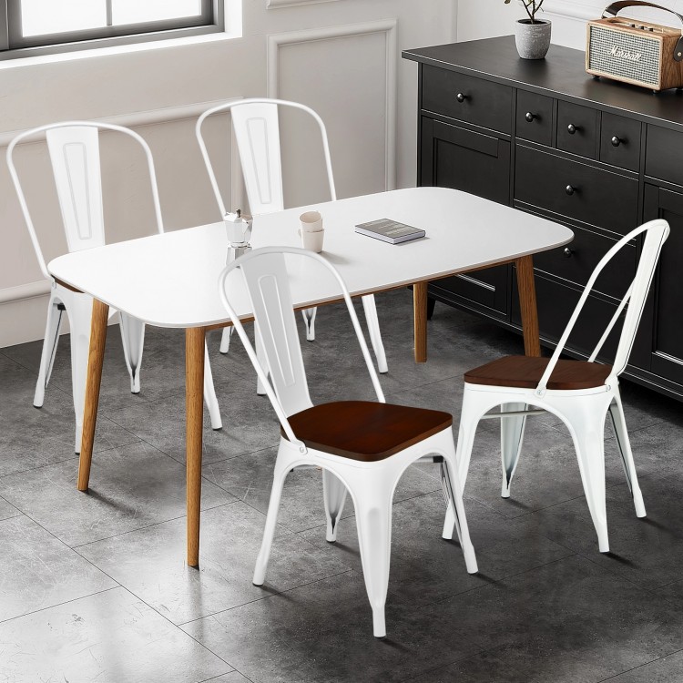 Single Tolix style metal dining chair with white frame and elm wood seat, offering ergonomic support and vintage charm.