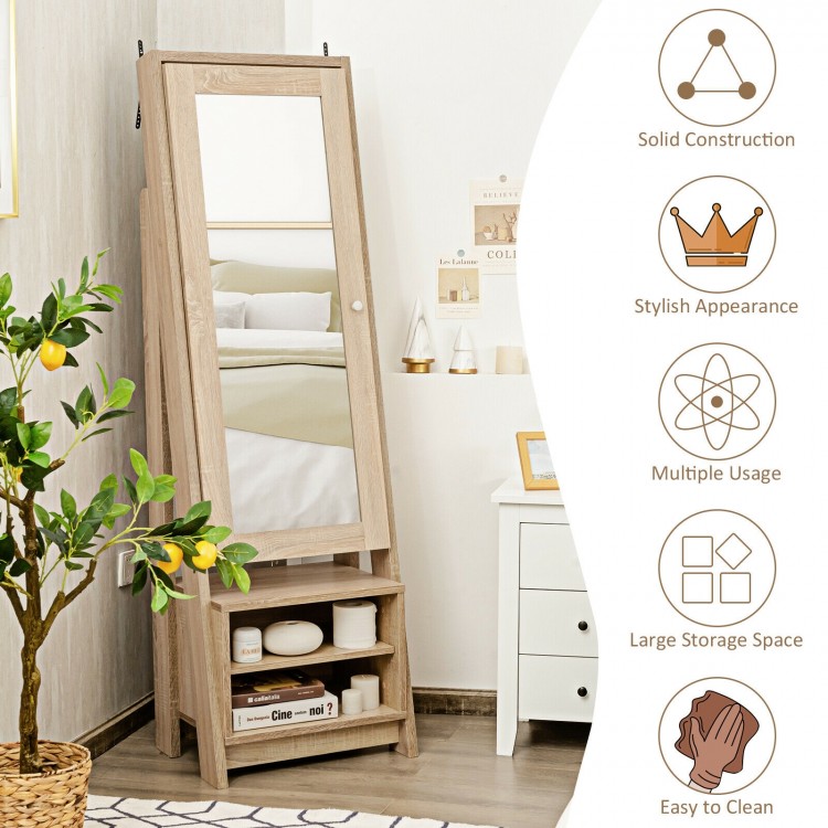Freestanding wooden cosmetics storage cabinet with full-length mirror, ample storage, and stylish design for home decor.