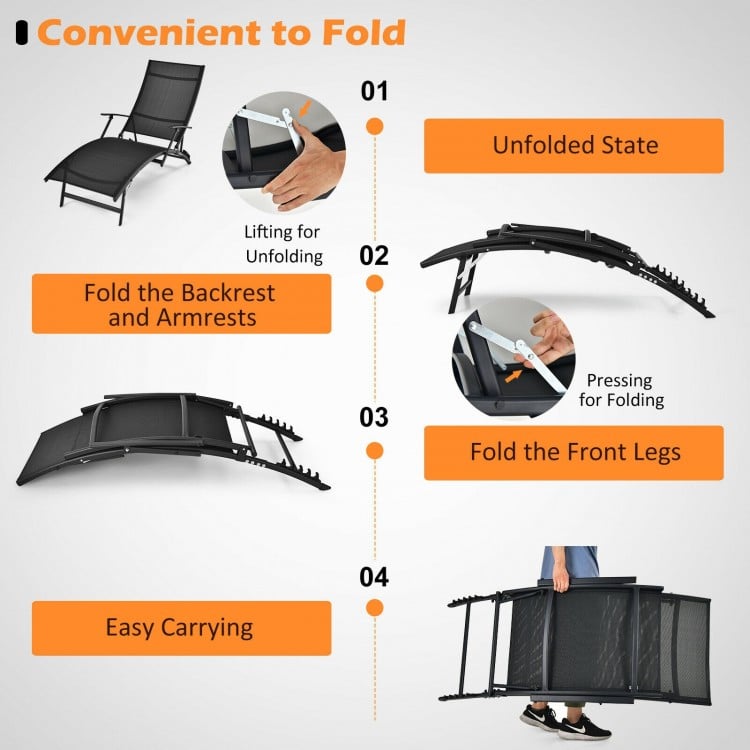 Folding patio lounge chair in black with armrests, showcasing its adjustable backrest and space-saving design for.