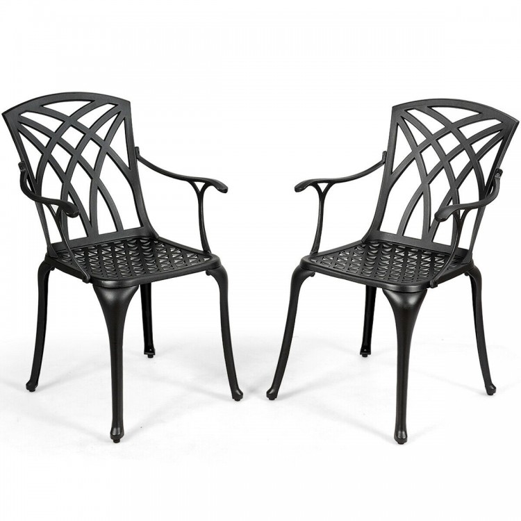 Set of two durable aluminum dining chairs with armrests, featuring a modern design for outdoor use on balconies or.
