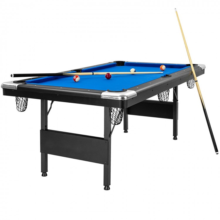 6 feet foldable billiard pool table with blue felt, showcasing electroplated corners and sturdy cotton netting for.