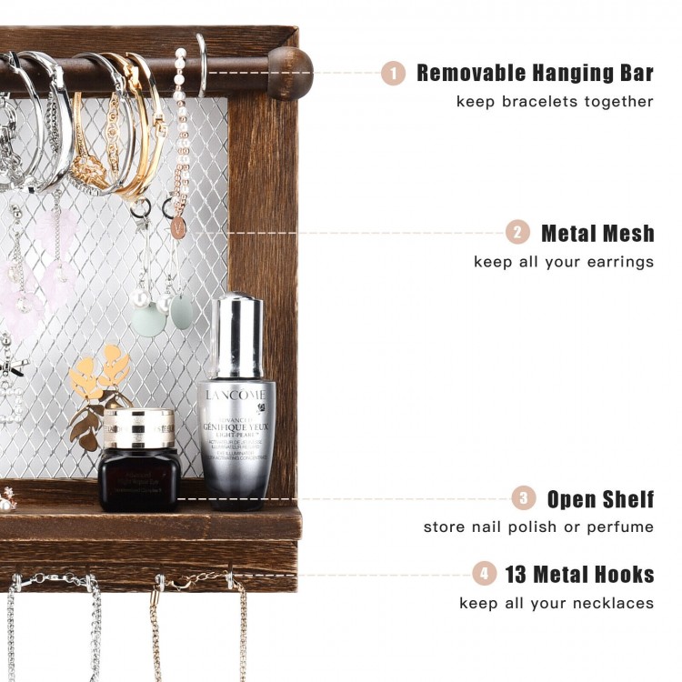 Wall mounted jewelry rack made of pine wood with removable bracelet rod, featuring metal hooks and open shelf for.