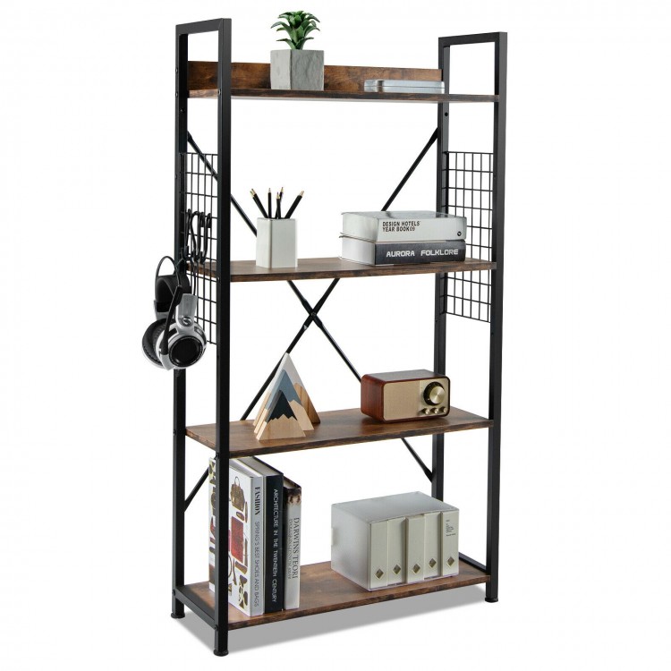 Industrial 4-tier bookshelf in rustic brown with adjustable shelves and hooks for versatile storage in any room.