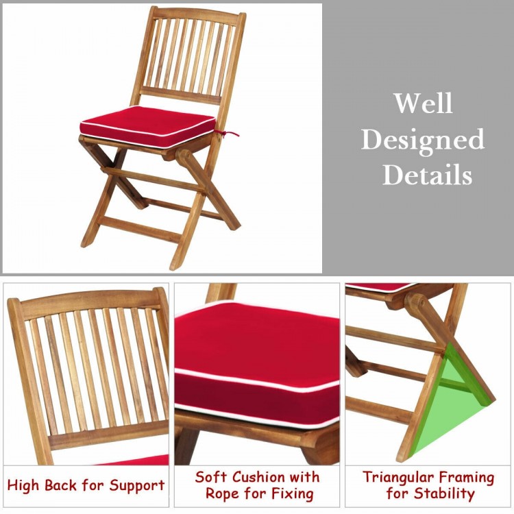 Cushioned folding chair made of solid acacia wood with ergonomic design and triangular framing for outdoor use.