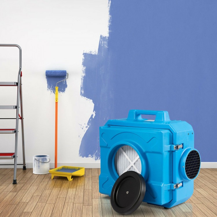 Industrial air scrubber with HEPA filter, blue housing, and variable speed control for efficient odor elimination.