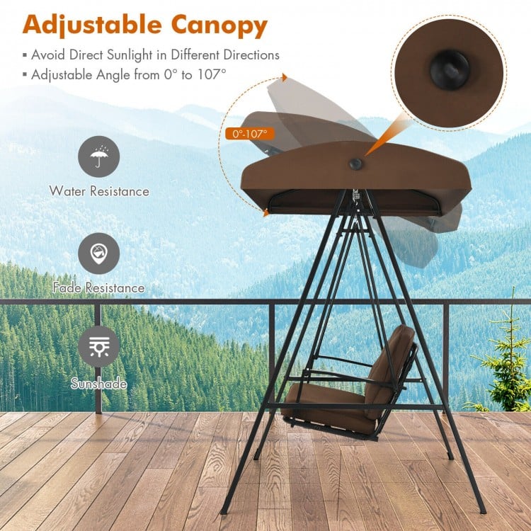 3-seat outdoor porch swing with adjustable canopy, coffee cushions, and sturdy steel frame for backyard relaxation.