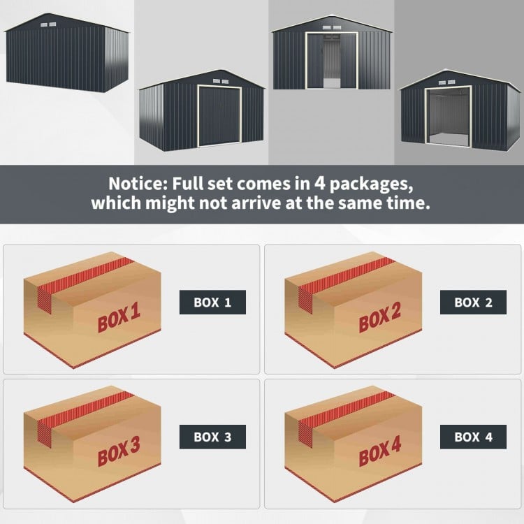 Metal storage shed with 2 lockable sliding doors, gray color, ideal for garden tools and outdoor storage needs.