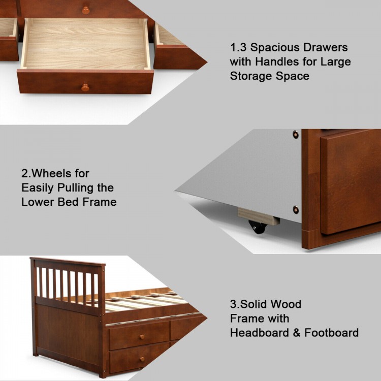 Twin Captain’s Bed in walnut with solid wood frame, pull-out trundle, and three spacious storage drawers for.
