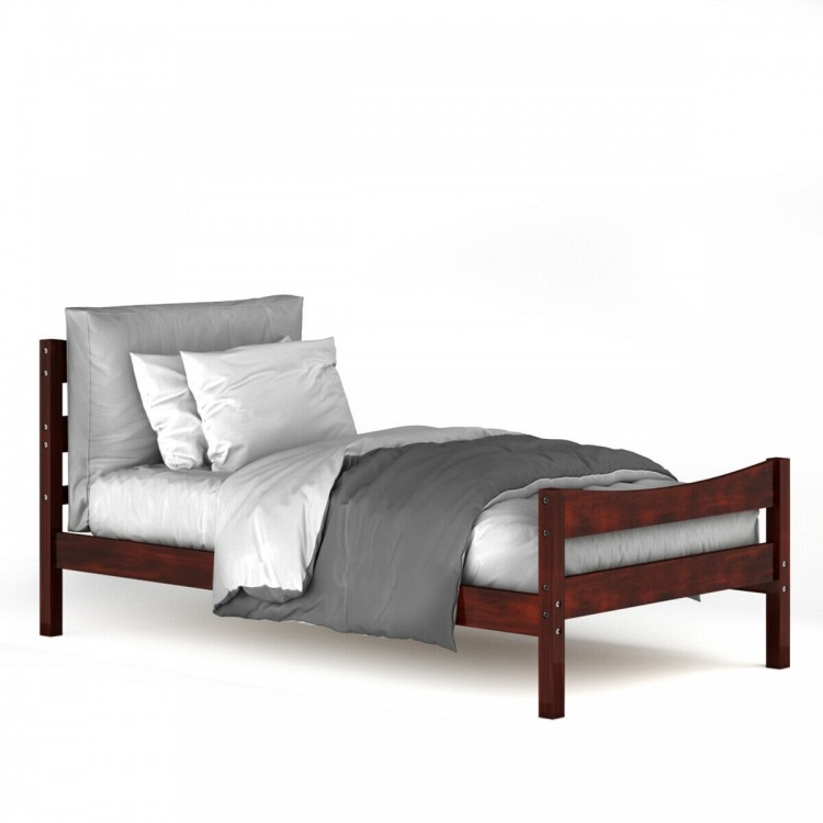 Twin size walnut platform bed frame with solid wood construction, slat support, and elegant design for compact spaces.