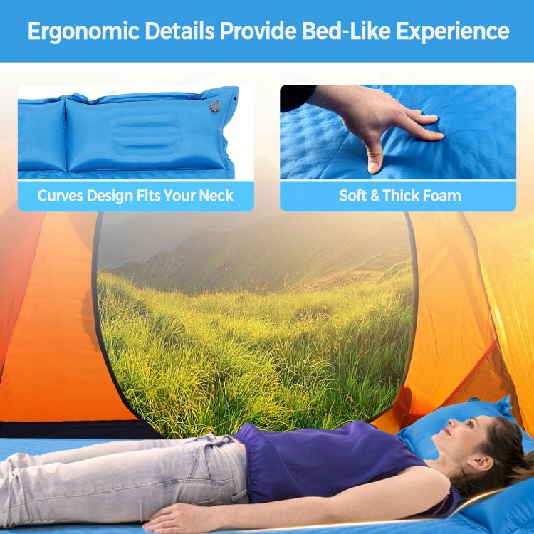 Self-inflating camping mat with ergonomic pillows, soft foam for comfort, ideal for outdoor sleeping and travel.