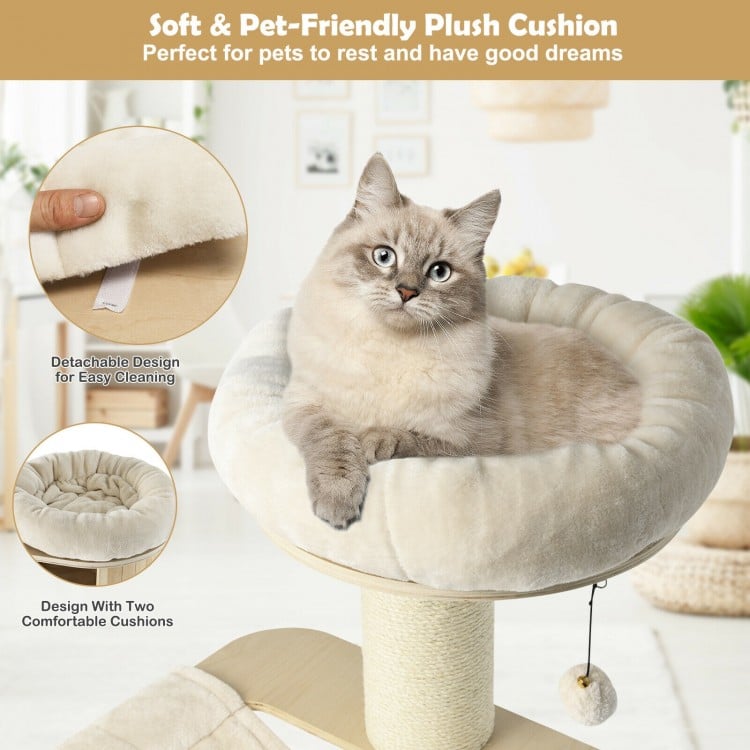 Plush top perch of the 68.5-inch wooden cat tree condo, featuring soft cushion for cozy napping and outdoor views.