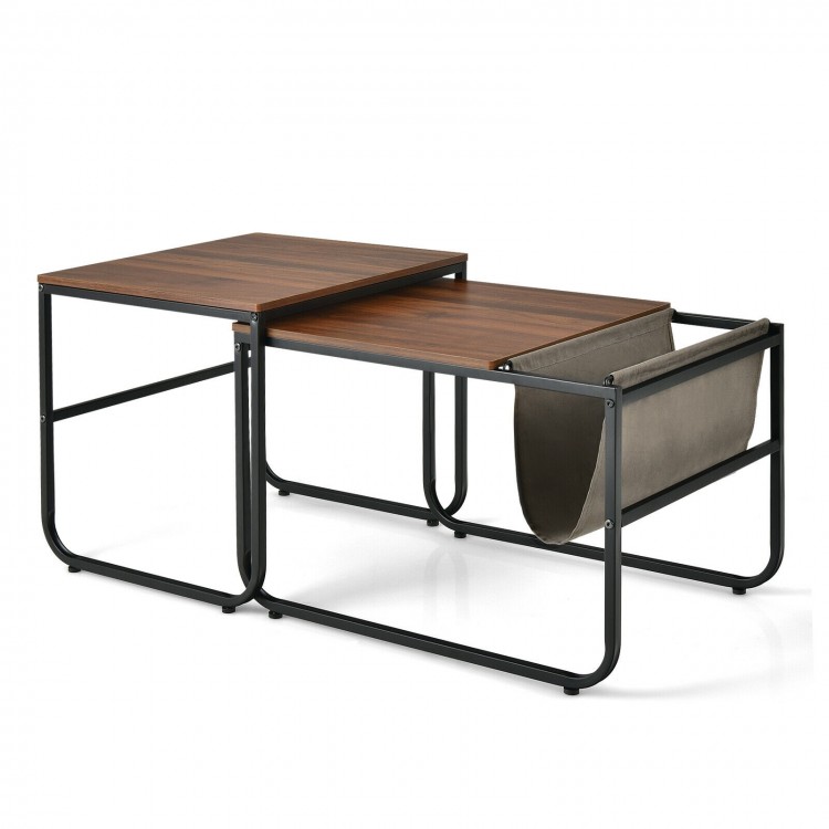 Nesting coffee tables in rustic brown with a side pocket, perfect for small spaces in living room or bedroom.