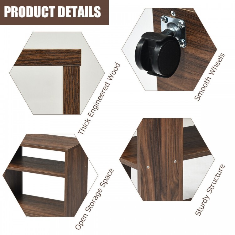 3-tier side table with wheels, crafted from particle board, featuring open storage space for versatile use in any room.