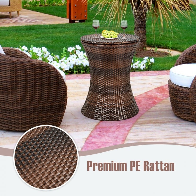 Height adjustable patio rattan cooler bar table in black, made of weather-resistant PE rattan, ideal for outdoor use.