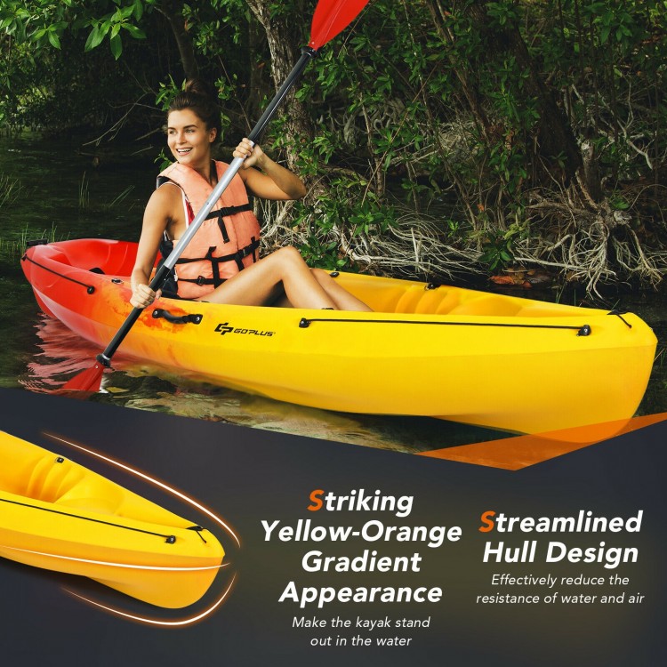 Single sit-on-top kayak in striking yellow-orange gradient, featuring a streamlined hull design for better tracking.
