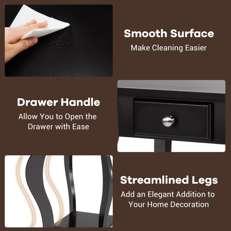 2-tier black end table with drawer and shelf, featuring streamlined legs and smooth surface for easy cleaning and.