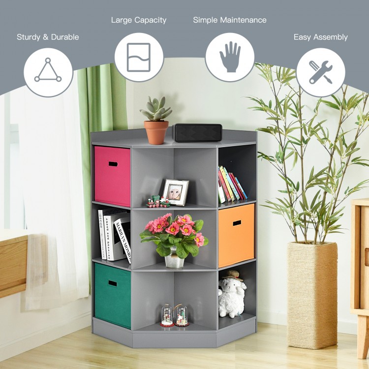3-tier gray kids storage shelf corner cabinet with 3 colorful baskets, ideal for organizing toys and books in any room.