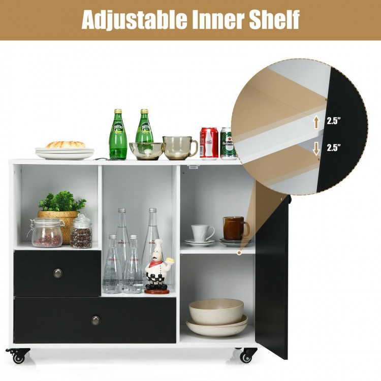 Lateral mobile filing cabinet in black with adjustable inner shelf, two drawers, and four casters for easy mobility.