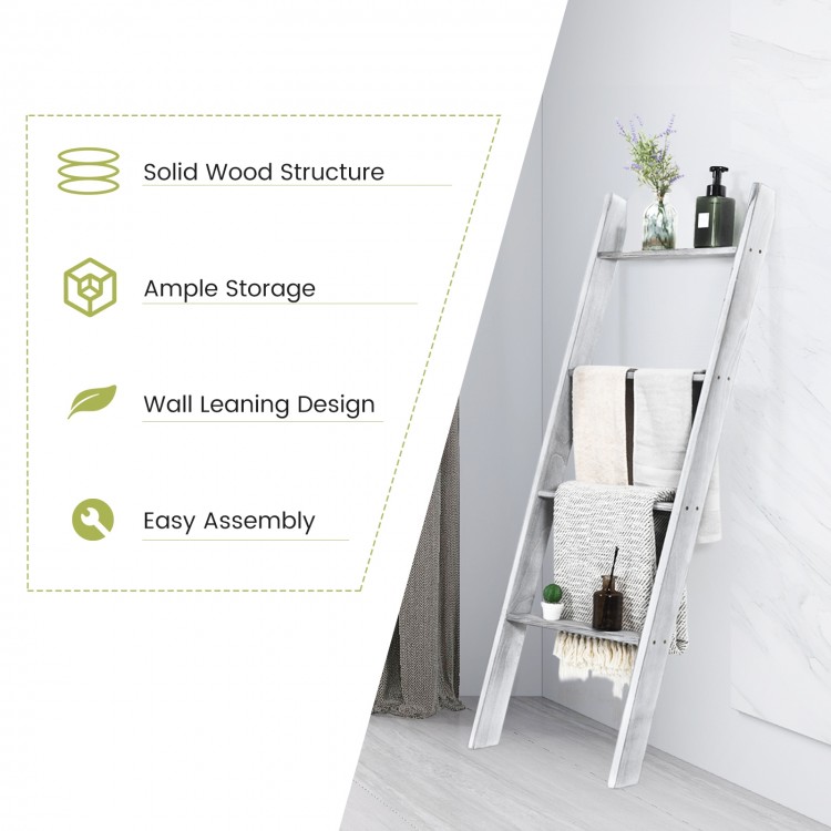 4-tier gray wall leaning ladder shelf made of pine wood, ideal for storing blankets and decor in any room.