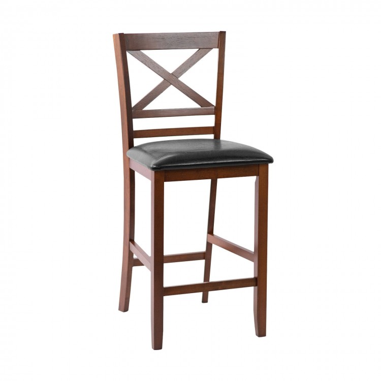 Wooden bar stool with PU leather seat, 25-inch height, ergonomic backrest, ideal for kitchen or dining room use.