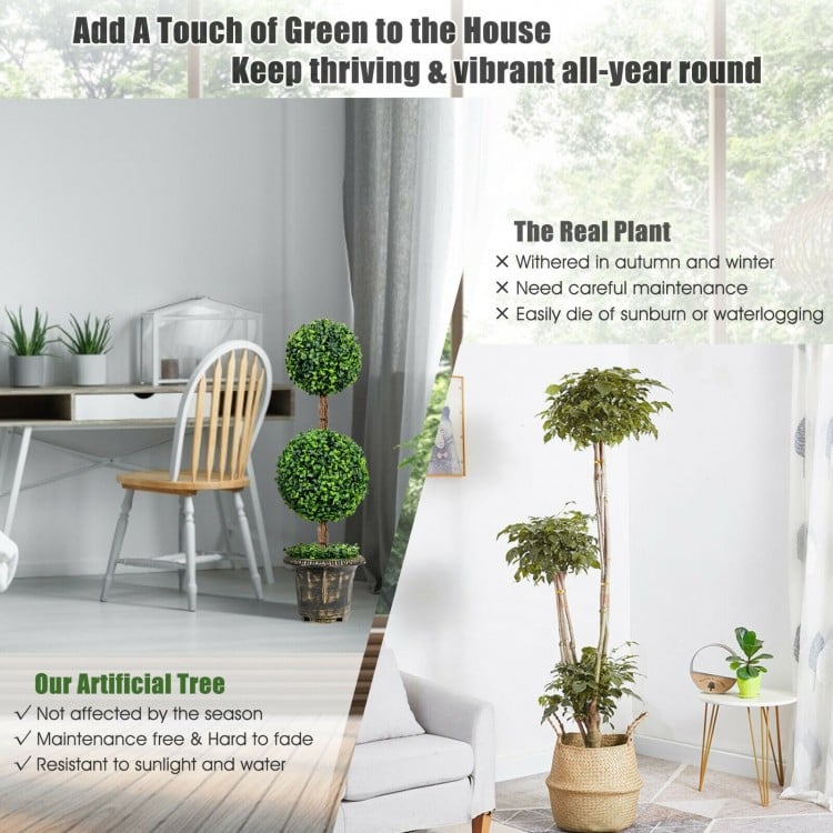 36-inch artificial double ball tree with UV protection, featuring realistic PE leaves and a stable cement-filled base.