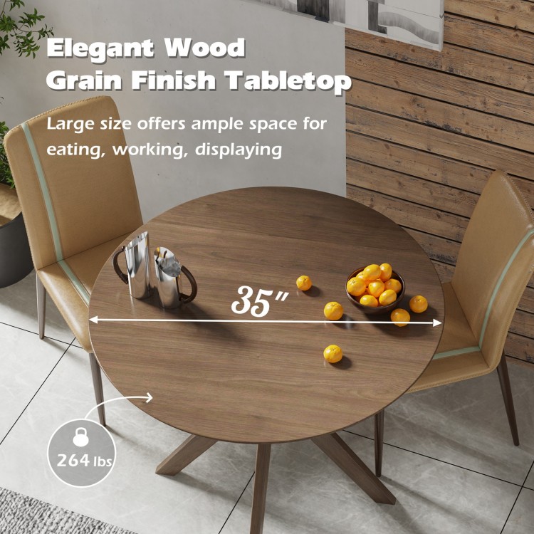 Round 36-inch wood dining table with intersecting pedestal base, durable MDF top, ideal for family gatherings and.