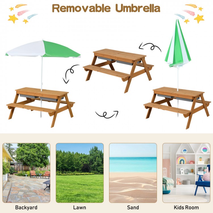 Kids outdoor picnic table with removable green umbrella, made of fir wood, suitable for sand and water play.