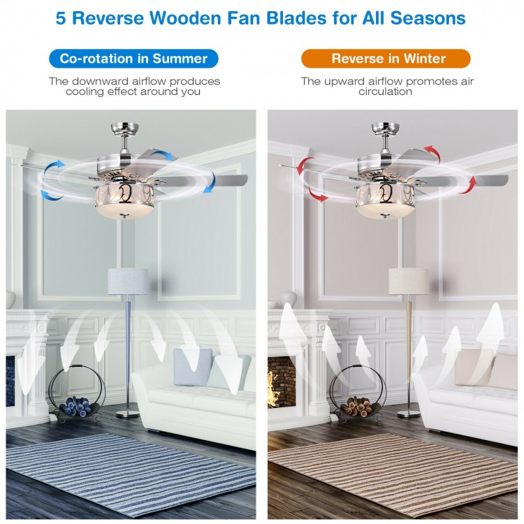 52-inch silver ceiling fan with reversible wooden blades, remote control, and glass lampshade for stylish airflow.